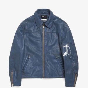 Enfants riches deprimes Blue Leather Jacket with Bull Graphic